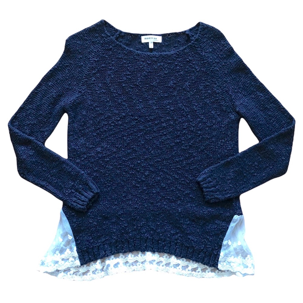 Monteau Blue Knit Ruffle Back Long Sleeve Top Sz. S